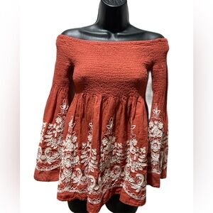 Rust Off-Shoulder Blouse with Cream Embroidery